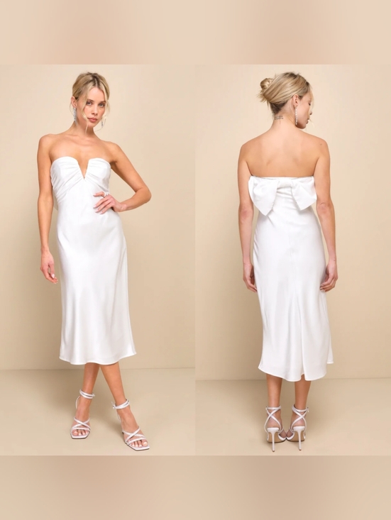 Lulus Dresses & Skirts - Lulus Luxe Crush White Satin Rhinestone Bow Strapless Midi Dress XL Wedding